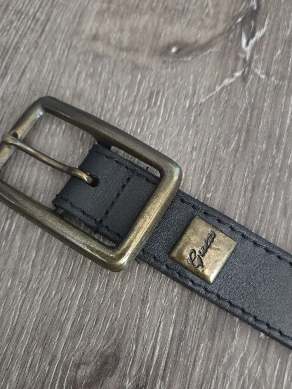 GUESS Men's Black Leather Belt with Antique Brass Buckle - 35